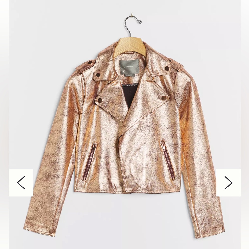 Anthropologie Brisa Metallic Cropped Faux Leather Moto Jacket Size S